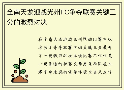 全南天龙迎战光州FC争夺联赛关键三分的激烈对决